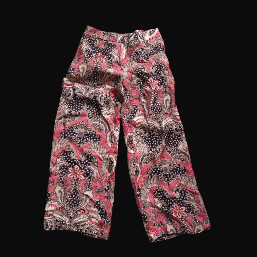 J.McLaughlin Silk Blend Wide Leg Batik Paisley Print Pants Red Black Tan Size 10